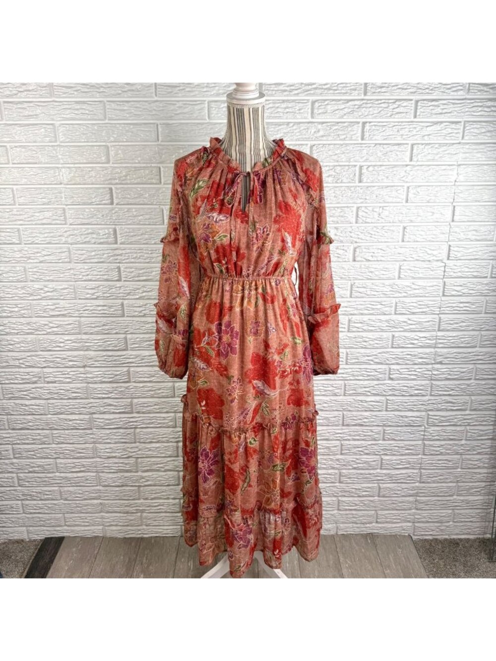 By the River Floral Ruffled Midi Dress Ankle Length Flowy Skirt Small NWT Modest